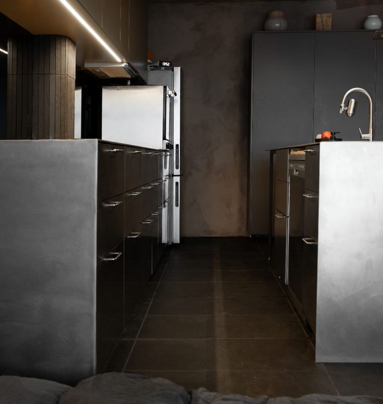 A stainless steel kitchen, built by hand