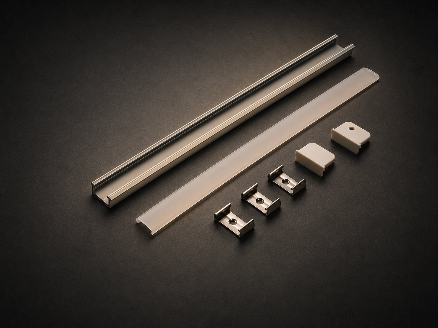 An aluminium LED extrusion, its frosted diffuser and mounting clips, laid out on a dark bench