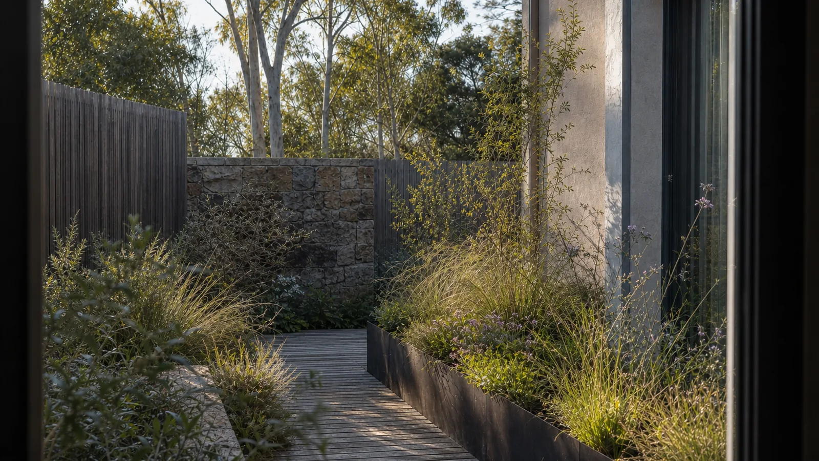 Canberra courtyard seen through a dark threshold — weathered timber boardwalk, charcoal steel planter, recycled stone wall and intermingled native planting in late afternoon light