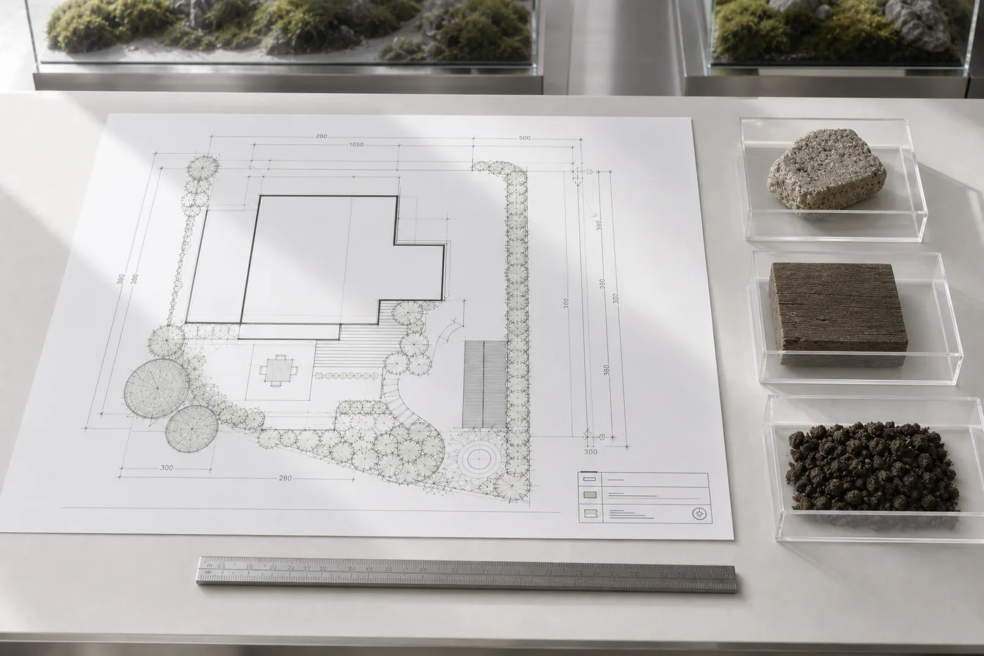 A printed CAD landscape plan with dimensions and planting symbols, beside acrylic specimen trays holding stone, recycled timber and soil, and a steel scale rule