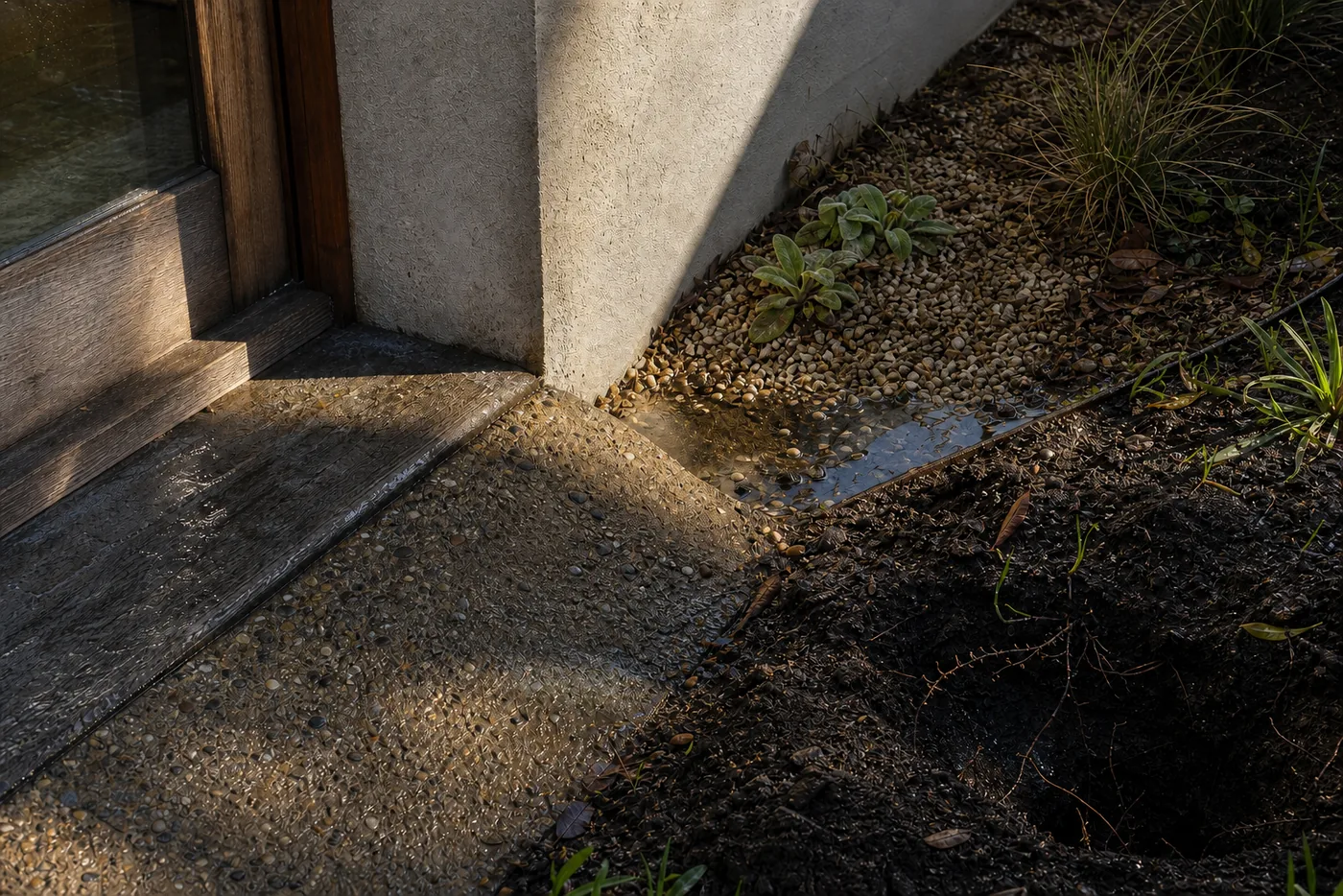 A house threshold after rain — exposed aggregate concrete, pale gravel, wet soil and a thin ribbon of water showing which way the ground falls